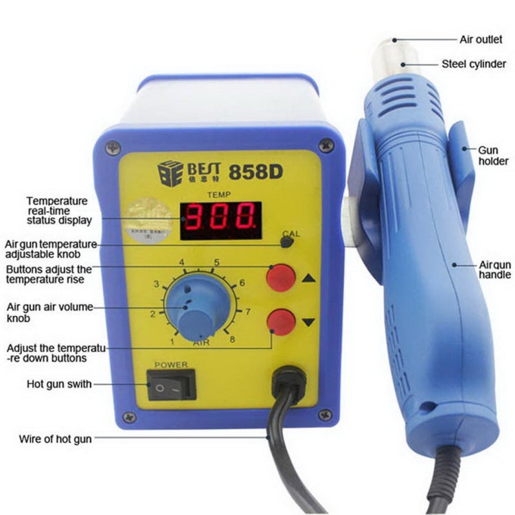 BEST BST-858D AC 220V 50Hz 650W Display LED Pistola ad aria calda senza piombo a temperatura regolabile con vento elicoidale, BST-858D EU Plug, BST-858D US Plug