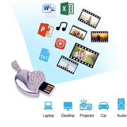 Disco flash USB per gioielli con diamanti a forma di cuore in argento, speciale per i regali di San Valentino, 2GB, 4GB, 8GB, 16GB, 32GB