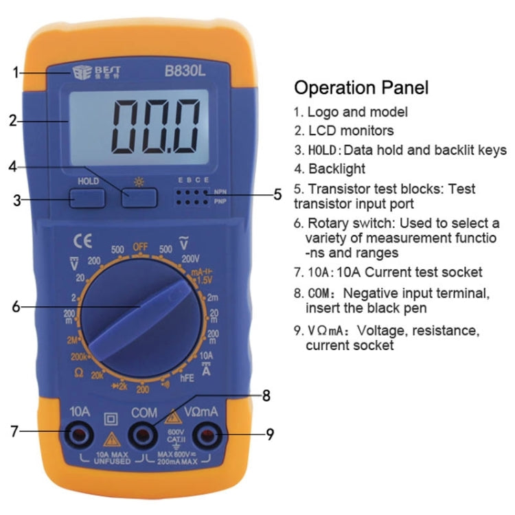 MIGLIOR multimetro digitale con display LCD BST-B830L da 9 V, BST- B830L