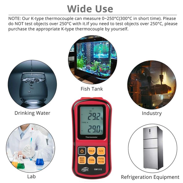 BENETECH GM1312 Termometro a termocoppia con schermo LCD da 2,4 pollici Misura tipo J, K, T, E, N e R, Intervallo di misura: -50 ~ 300 °C