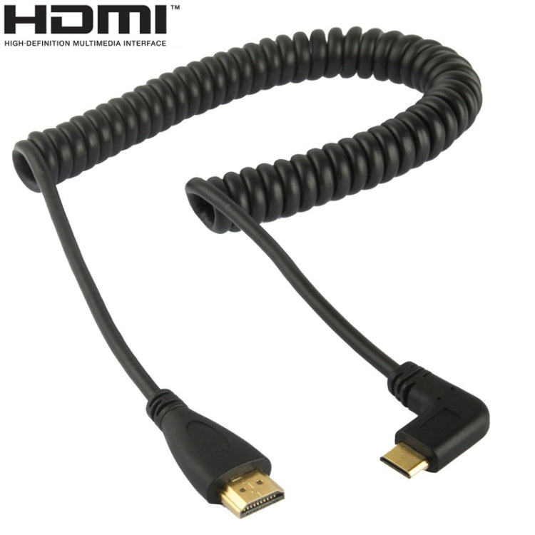 Cavo a spirale mini HDMI maschio a HDMI maschio placcato oro versione 1.4, supporto 3D / Ethernet, lunghezza: 0,6 m-2 m, Right Angle Mini HDMI to HDMI AM
