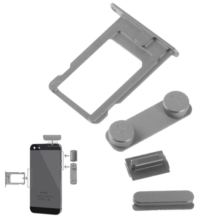 4 in 1 (Vassoio scheda Nano SIM colorato in materiale originale in lega + Pulsante volume + Pulsante accensione + Pulsante Mute) per iPhone 5 e 5S, Oro chiaro, For 5 & iPhone 5S, For iPhone 5 & 5S