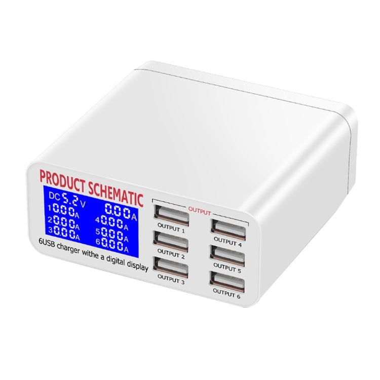 WLX-899 Caricabatterie USB da 30 W Uscita 5 V 6 A Caricatore USB a 6 porte ad alta velocità max 3,5 A con display digitale e cavo da 1,5 m, WLX-899