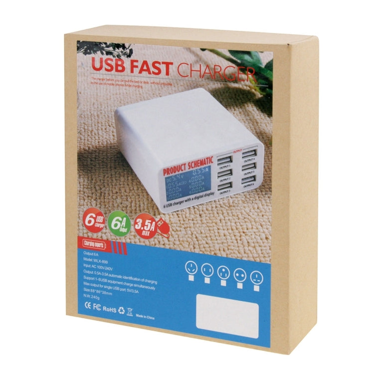 WLX-899 Caricabatterie USB da 30 W Uscita 5 V 6 A Caricatore USB a 6 porte ad alta velocità max 3,5 A con display digitale e cavo da 1,5 m, WLX-899