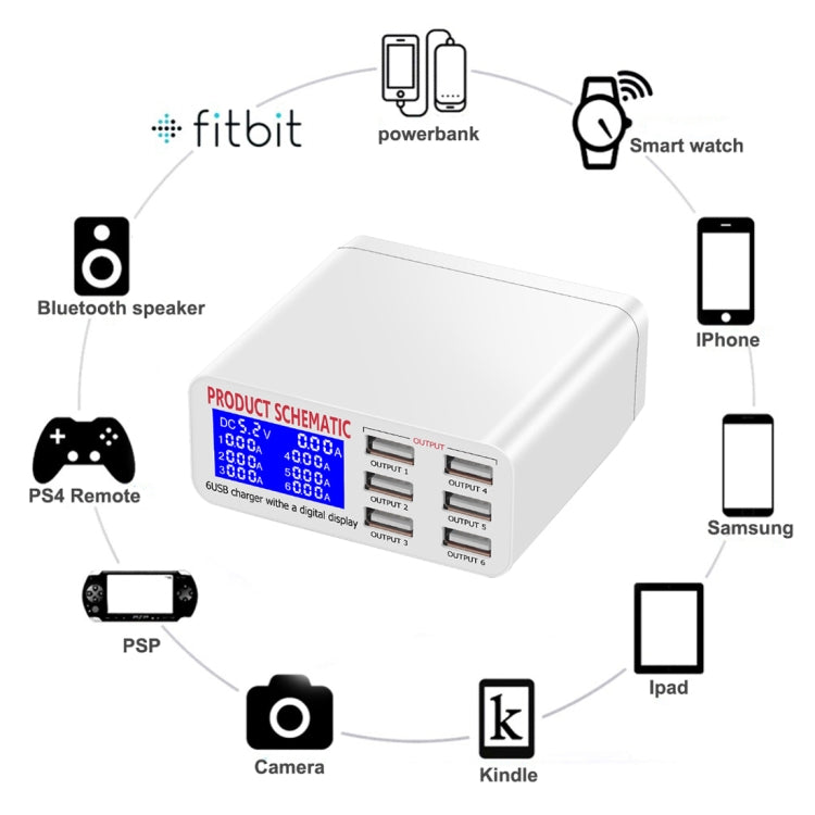 WLX-899 Caricabatterie USB da 30 W Uscita 5 V 6 A Caricatore USB a 6 porte ad alta velocità max 3,5 A con display digitale e cavo da 1,5 m, WLX-899