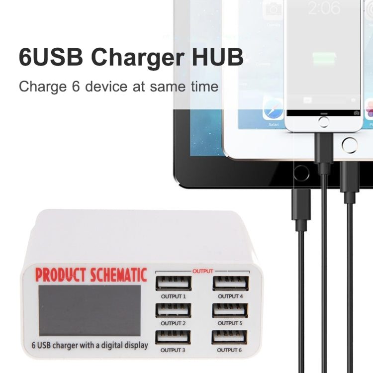 WLX-899 Caricabatterie USB da 30 W Uscita 5 V 6 A Caricatore USB a 6 porte ad alta velocità max 3,5 A con display digitale e cavo da 1,5 m, WLX-899
