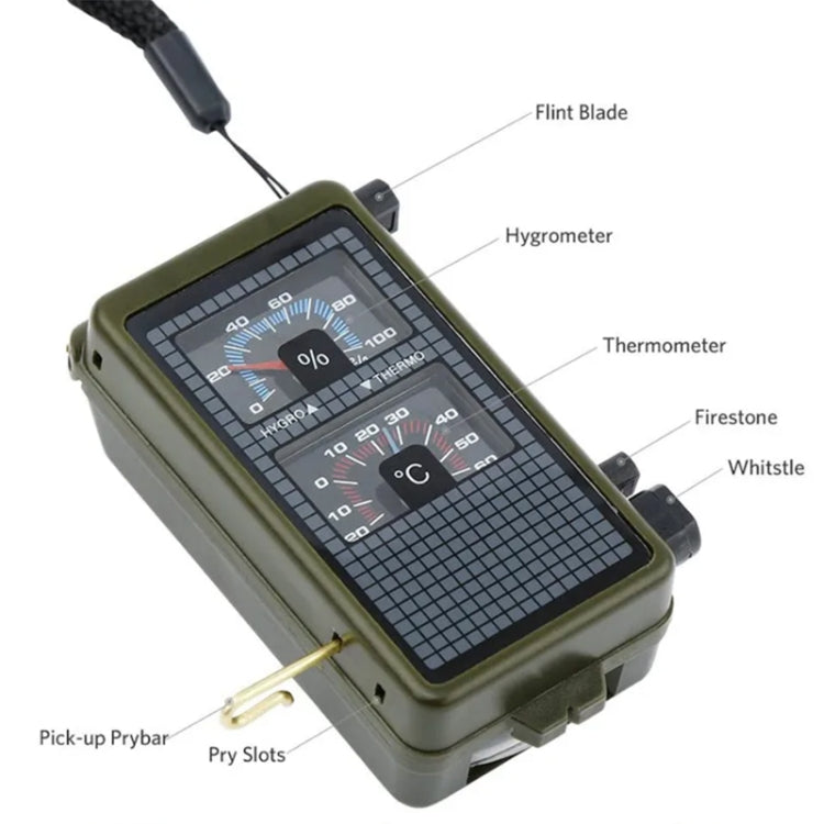 Bussola portatile multifunzione 10 in 1 (termometro, igrometro, luce LED, riflettore, livella, bussola, fischietto, selce, lente d'ingrandimento, righello), 10 in 1