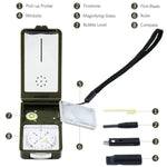 Bussola portatile multifunzione 10 in 1 (termometro, igrometro, luce LED, riflettore, livella, bussola, fischietto, selce, lente d'ingrandimento, righello), 10 in 1