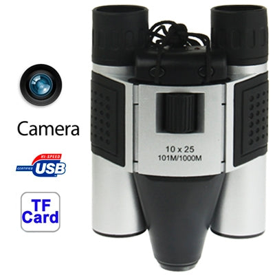 Binocolo per fotocamera digitale 10×25 mm 5 in 1 (fotocamera binoculare + videocamera + fotocamera digitale + videocamera per PC + lettore di schede TF), campo visivo: 101 m/1000 m, dimensioni: 135 × 100 × 24 mm, 10X25