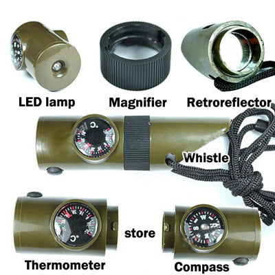 7 in 1 (fischietto di sopravvivenza/bussola/termometro/luce LED/lente d'ingrandimento/retroriflettore/corda), 7 in 1  Survival Whistle