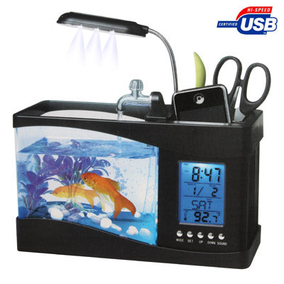 Mini acquario da tavolo USB per pesci con acqua corrente e 6 luci a LED, display LCD con calendario, ora e sveglia (contiene 1,5 litri d'acqua)