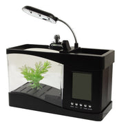 Mini acquario da tavolo USB per pesci con acqua corrente e 6 luci a LED, display LCD con calendario, ora e sveglia (contiene 1,5 litri d'acqua)
