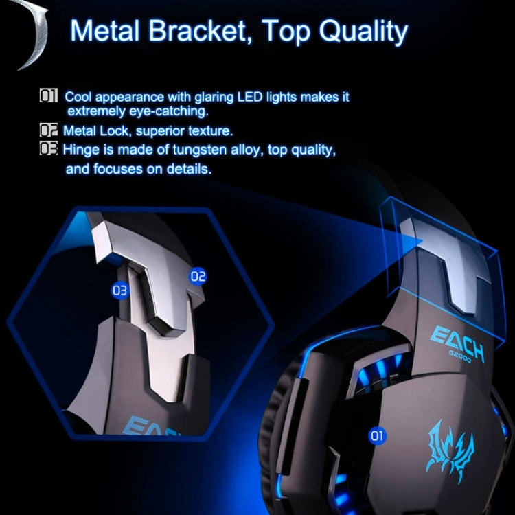 EACH G2000 Cuffie da gioco stereo per bassi over-ear con microfono e luce LED per computer, lunghezza cavo: 2,2 m
