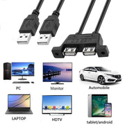 2 USB 2.0 maschio a 2 porte USB 2.0 femmina con cavo di prolunga a 2 fori per viti, lunghezza: 50 cm, 2 USB 2.0 AM to 2 USB AF