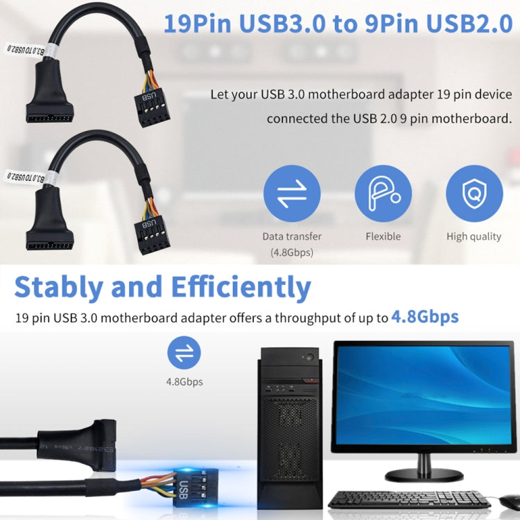 Cavo adattatore USB 2.0 da 9 pin per scheda madre femmina a USB 3.0 da 19 pin per alloggiamento maschio, lunghezza: 15 cm, 9 Pin Female to 19 Pin Male