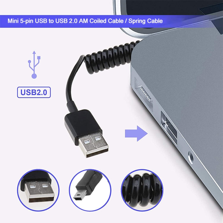 Mini cavo a spirale da USB a USB 2.0 AM a 5 pin/cavo a molla, lunghezza: 25 cm (può essere esteso fino a 80 cm), Mini USB to USB AM, Length: 80cm