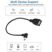 Cavo adattatore Mini USB maschio a USB 2.0 AF da 90 gradi con funzione OTG, lunghezza: 25 cm, Left Augle Mini USB, 25cm