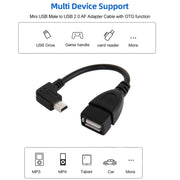 Cavo adattatore Mini USB maschio a USB 2.0 AF da 90 gradi con funzione OTG, lunghezza: 13 cm, Right Augle Mini USB, 13cm