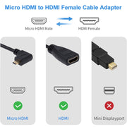 Adattatore cavo Micro HDMI da destra a HDMI femmina da 17 cm a 90 gradi, Right Angle, Length: 17cm