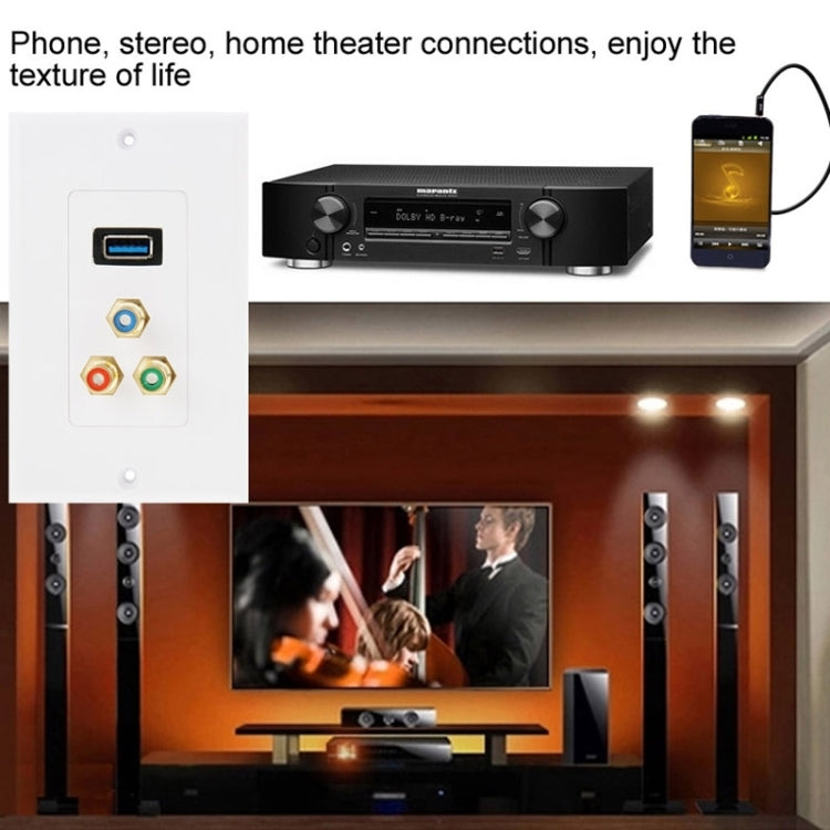 Pannello a parete con presa USB 3.0 e 3 prese RCA femmina