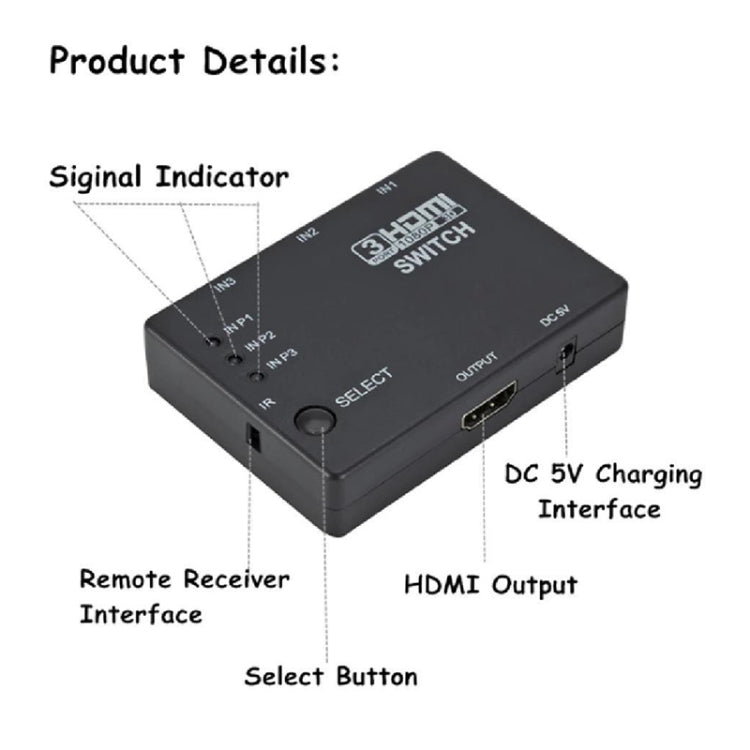 Switch HDMI 3x1 Full HD 1080P 3D con telecomando IR, with IR Remote Control