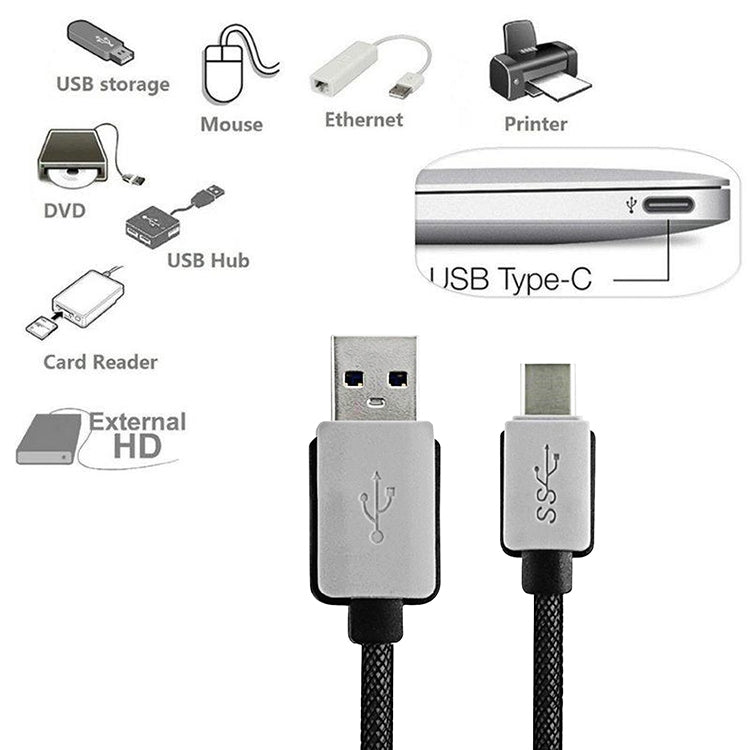 Cavo dati/caricabatterie in tessuto stile 2A USB-C/Type-C 3.1 maschio a USB 3.0 maschio, 1m