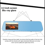 DVR per veicoli con doppia fotocamera, display Full HD 1080P da 4,3 pollici, visione grandangolare da 140 gradi, supporto visione notturna/monitoraggio parcheggio/registrazione in loop/rilevamento movimento/sensore G/scheda TF, 4.3 inch