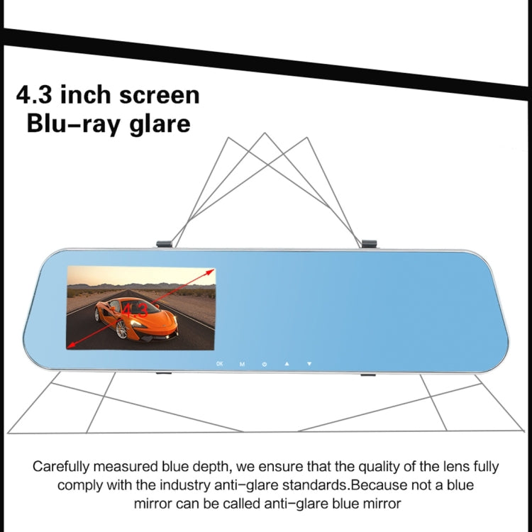DVR per veicoli con doppia fotocamera, display Full HD 1080P da 4,3 pollici, visione grandangolare da 140 gradi, supporto visione notturna/monitoraggio parcheggio/registrazione in loop/rilevamento movimento/sensore G/scheda TF, 4.3 inch