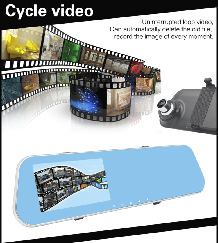 DVR per veicoli con doppia fotocamera, display Full HD 1080P da 4,3 pollici, visione grandangolare da 140 gradi, supporto visione notturna/monitoraggio parcheggio/registrazione in loop/rilevamento movimento/sensore G/scheda TF, 4.3 inch