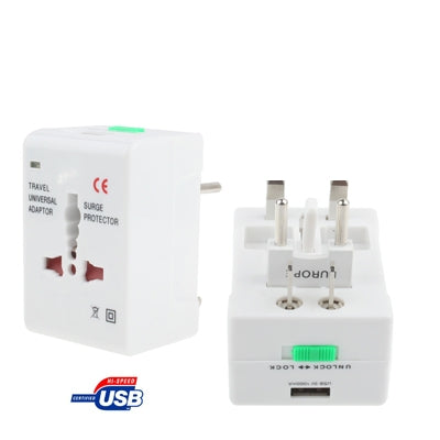 Universal US/EU/AU/UK Travel AC Power Adapter Plug with USB Charger Socket, With USB Port