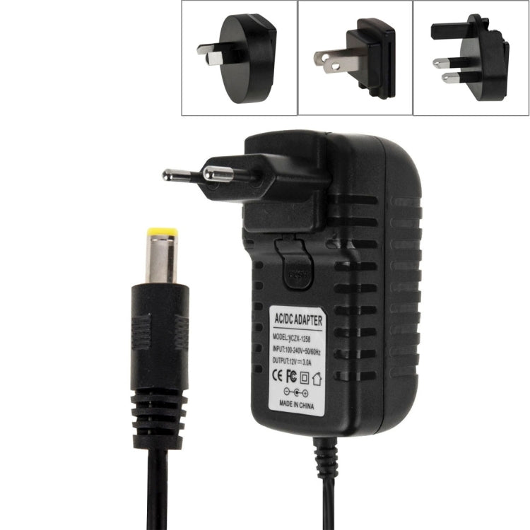 Spina UE 4 in 1 + Spina USA + Spina UK + Spina AU Adattatore di alimentazione CA da 100-240 V a CC 12 V 3 A, punte: 5,5 x 2,1 mm, Lunghezza cavo: circa 1,2 m, EU+US+UK+AU Plug
