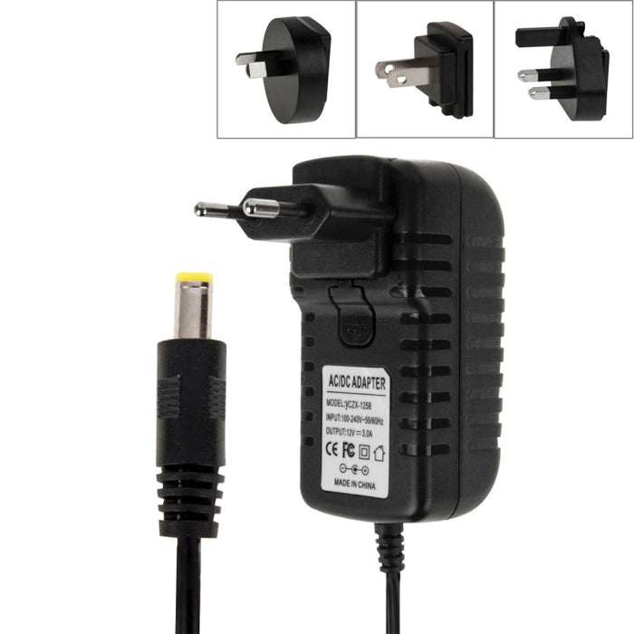 Spina UE 4 in 1 + Spina USA + Spina UK + Spina AU Adattatore di alimentazione CA da 100-240 V a CC 12 V 3 A, punte: 5,5 x 2,1 mm, Lunghezza cavo: circa 1,2 m, EU+US+UK+AU Plug