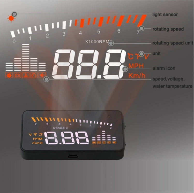 X5 HUD Head Up Display multi-auto universale da 3 pollici con sistema OBDII EOBD, sensori di luce, velocità di rotazione, unità di velocità di rotazione, contrassegno unità, tensione, temperatura dell'acqua, contrassegno di allarme, X5 HUD 3 inch