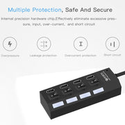 Hub USB 2.0 a 4 porte Splitter USB ad alta velocità 480 Mbps con interruttore ON/OFF, 4 LED, 4 Ports with 4 LED (Black)