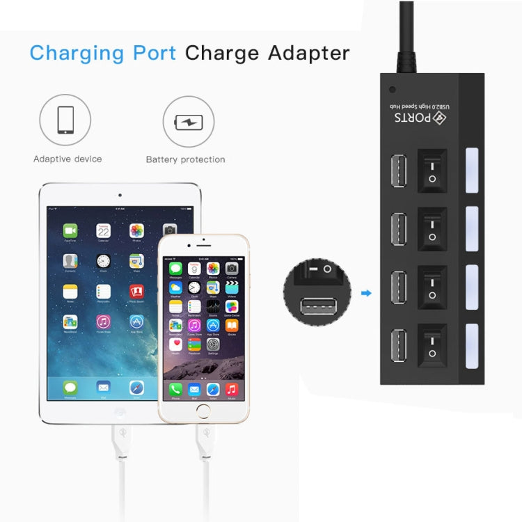 Hub USB 2.0 a 4 porte Splitter USB ad alta velocità 480 Mbps con interruttore ON/OFF, 4 LED, 4 Ports with 4 LED (Black)