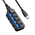 Hub USB 3.0 a 4 porte con switch individuali per ciascuna porta di trasferimento dati