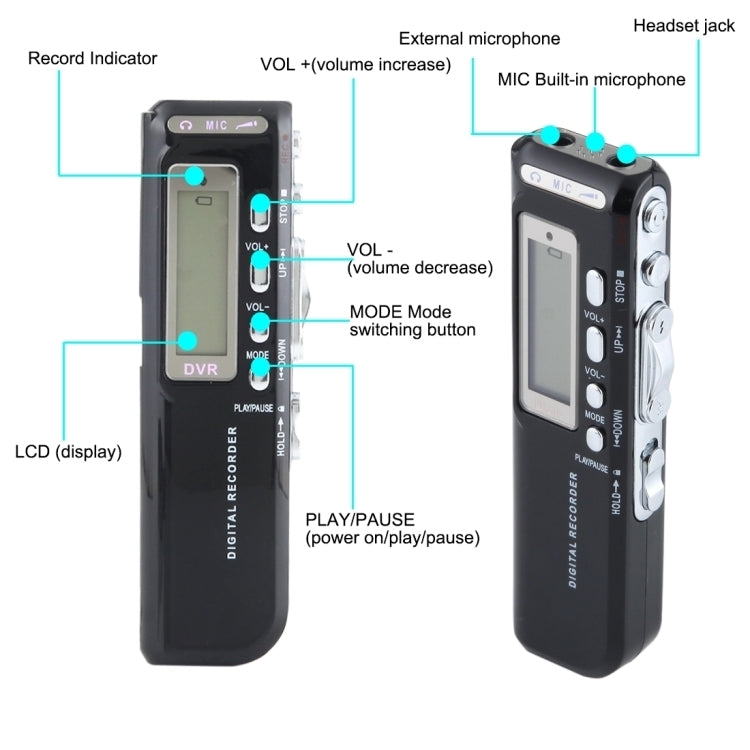 Registratore vocale digitale da 8 GB Dittafono Lettore MP3, Supporto registrazione telefonica, Funzione VOX, Alimentazione: 2 batterie AAA (nero)