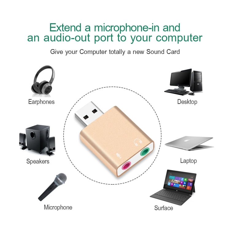 Guscio in alluminio Jack da 3,5 mm Scheda audio USB esterna HIFI Magic Voice Adattatore a 7.1 canali Unità gratuita per computer, desktop, altoparlanti, cuffie, microfono, Aluminum 7.1 Channel Gold