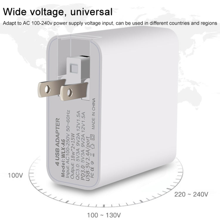 WLX-A6 Adattatore di alimentazione per caricabatterie da viaggio USB a ricarica rapida a 4 porte, spina europea, EU Plug