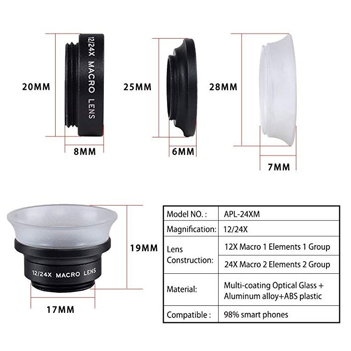 APEXEL APL-24X-H Obiettivo macro esterno universale 2 in 1 per cellulare 12X e 24X con paraluce