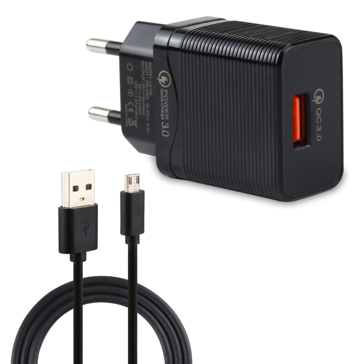 LZ-728 Caricatore da viaggio con interfaccia USB QC 3.0 2 in 1 da 18 W + set di cavi dati da USB a micro USB, spina europea, lunghezza cavo: 1 m, with Micro USB Cable