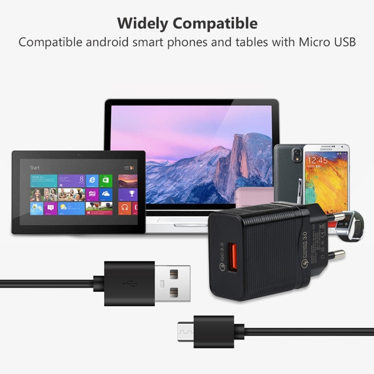 LZ-728 Caricatore da viaggio con interfaccia USB QC 3.0 2 in 1 da 18 W + set di cavi dati da USB a micro USB, spina europea, lunghezza cavo: 1 m, with Micro USB Cable