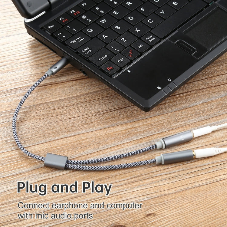 HY191 Cavo audio intrecciato 2 in 1 da 3,5 mm maschio a microfono + audio femmina, lunghezza: 26 cm, HY191