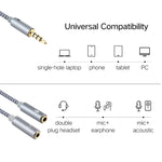 HY191 Cavo audio intrecciato 2 in 1 da 3,5 mm maschio a microfono + audio femmina, lunghezza: 26 cm, HY191
