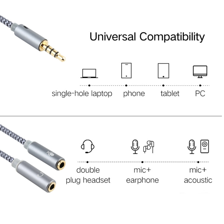 HY191 Cavo audio intrecciato 2 in 1 da 3,5 mm maschio a microfono + audio femmina, lunghezza: 26 cm, HY191