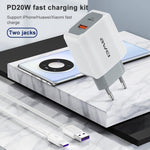 awei PD4 20W PD Type-C + QC 3.0 Interfaccia USB Caricabatterie da viaggio a ricarica rapida con cavo dati, presa EU