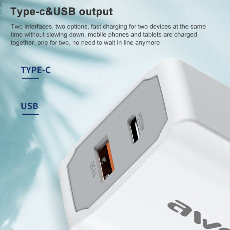 awei PD4 20W PD Type-C + QC 3.0 Interfaccia USB Caricabatterie da viaggio a ricarica rapida con cavo dati, presa EU