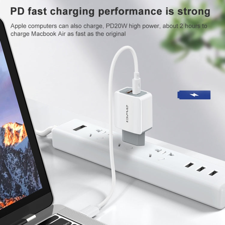 awei PD4 20W PD Type-C + QC 3.0 Interfaccia USB Caricabatterie da viaggio a ricarica rapida con cavo dati, presa EU