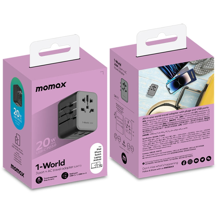 MOMAX UA11 1-World 20W PD Adattatore di alimentazione per caricabatterie rapido da viaggio globale, UA11 (Black), UA11 (Blue), UA11, UA11 (Yellow)