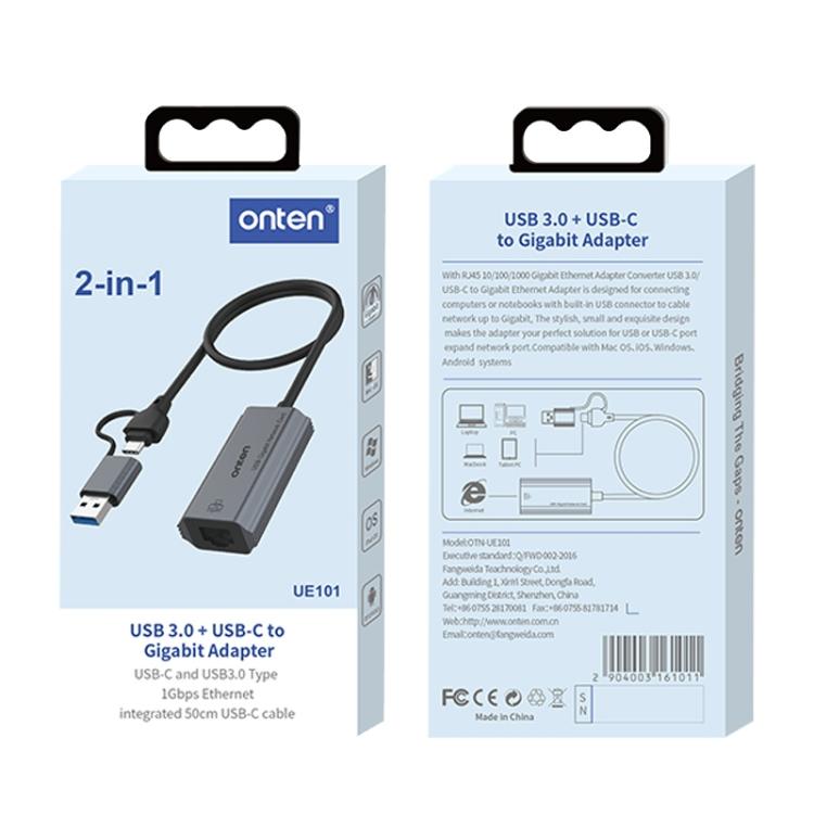 Onten UE101 Hub USB-C 2 in 1 con porta rete Gigabit